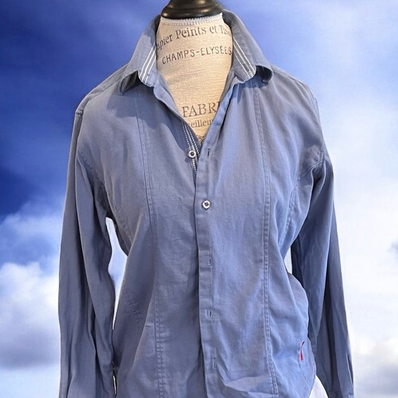 Franky Max cotton button down shirt. Baby blue with white stitching accent - Picture 14 of 16